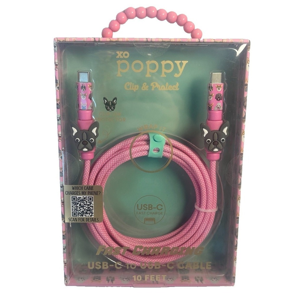 XO Poppy USB-C to USB-C Fast Charging Cable 10ft Pink French Bulldog 2 Pack